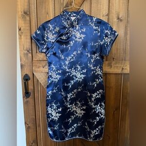 Asian Inspired Geisha Kimono Oriental 100% Silk Dress Navy Blue Silver Floral M